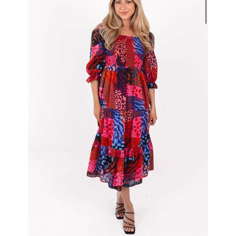 J. MARIE The Jade Square Neck Ruched Midi Dress Multicolor Floral Medium NEW